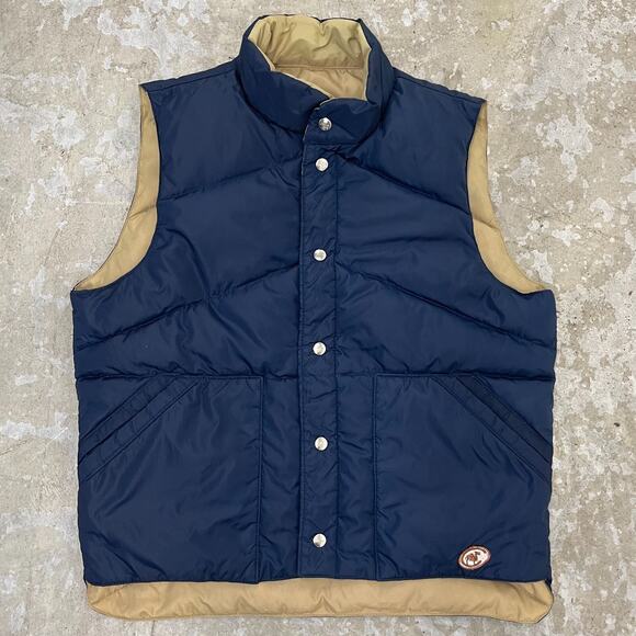 Vintage Camel Vest Mens Medium Blue Tan Goose Down Reversible Snap Puffer Cowboy - Picture 1 of 13